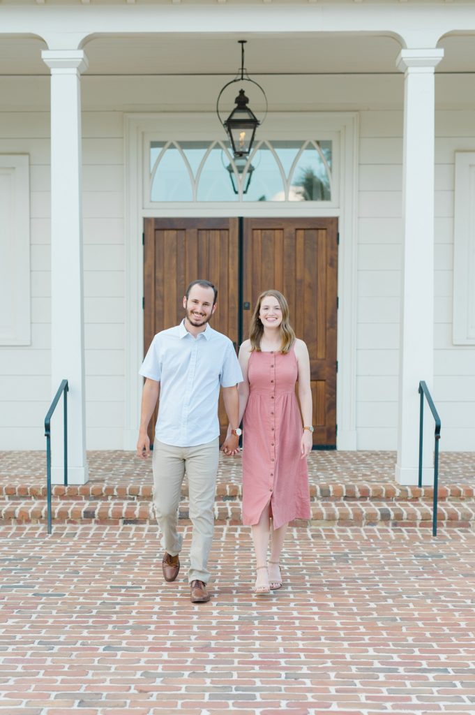old town columbus engagement session with bride and groom smiling