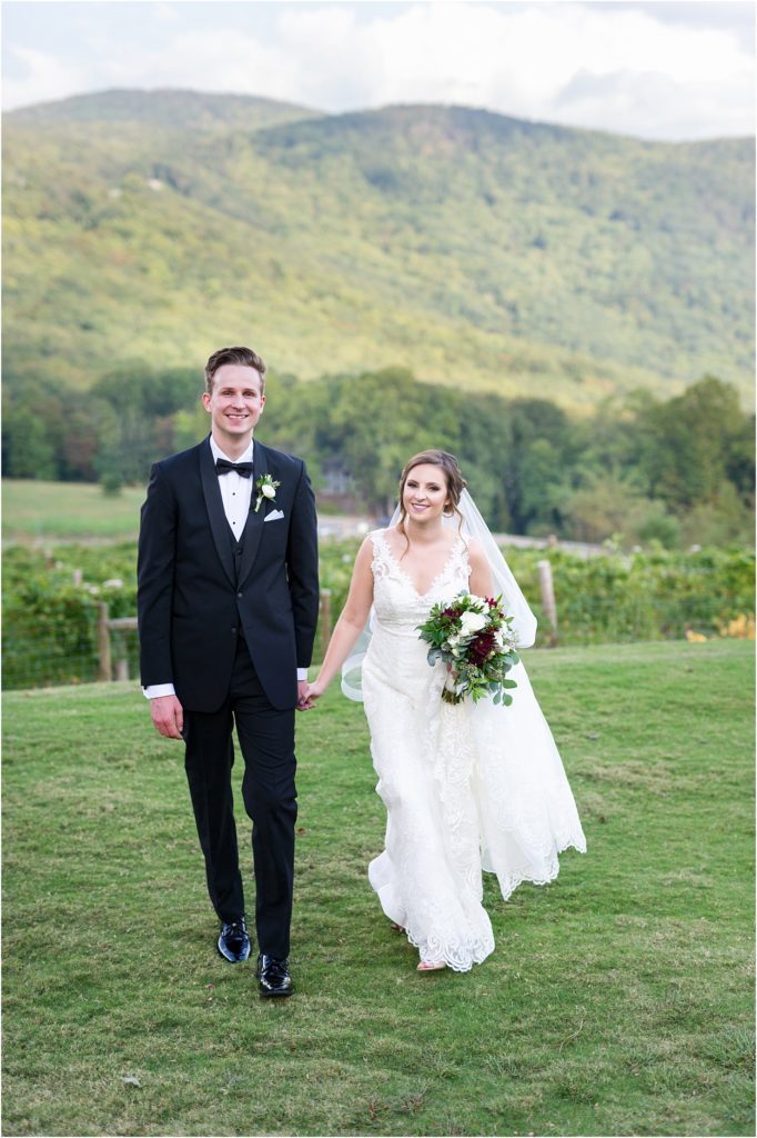 fainting goats vineyard, north georgia mountain wedding, bride and groom with hillside mountains